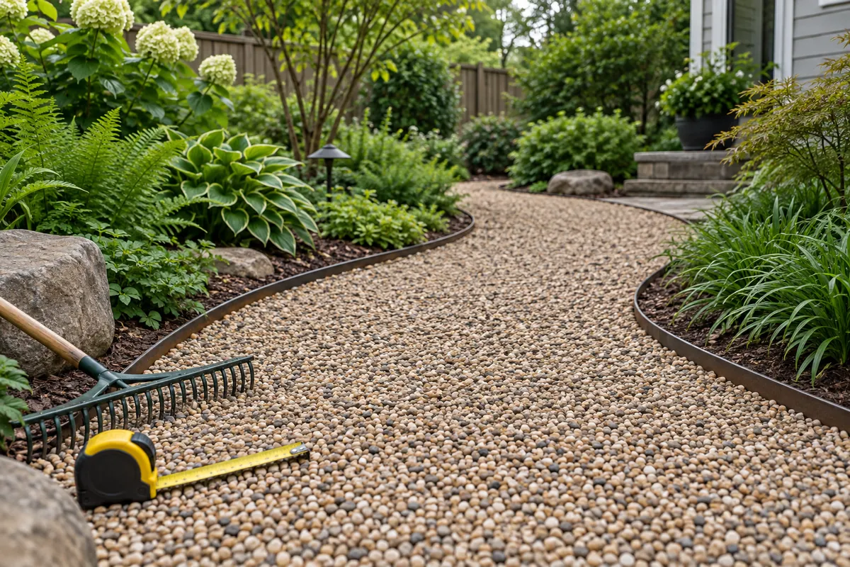 Illustration of a rounded pea-gravel path with metal edging and a rake