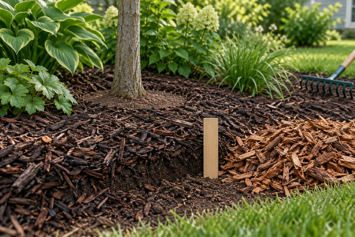 Illustration of existing dark mulch and fresh wood chips beside a planting bed