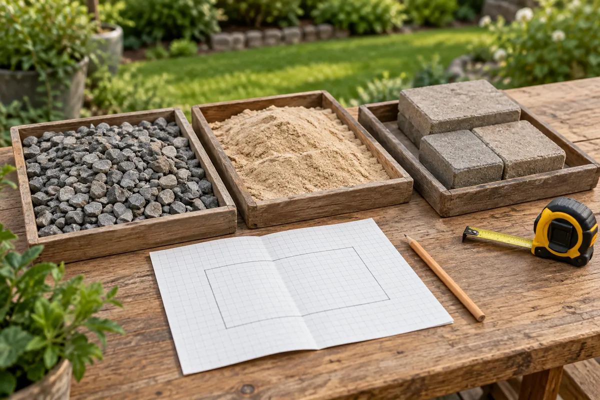 Illustration of separate aggregate, sand and paver samples beside a blank planning sketch