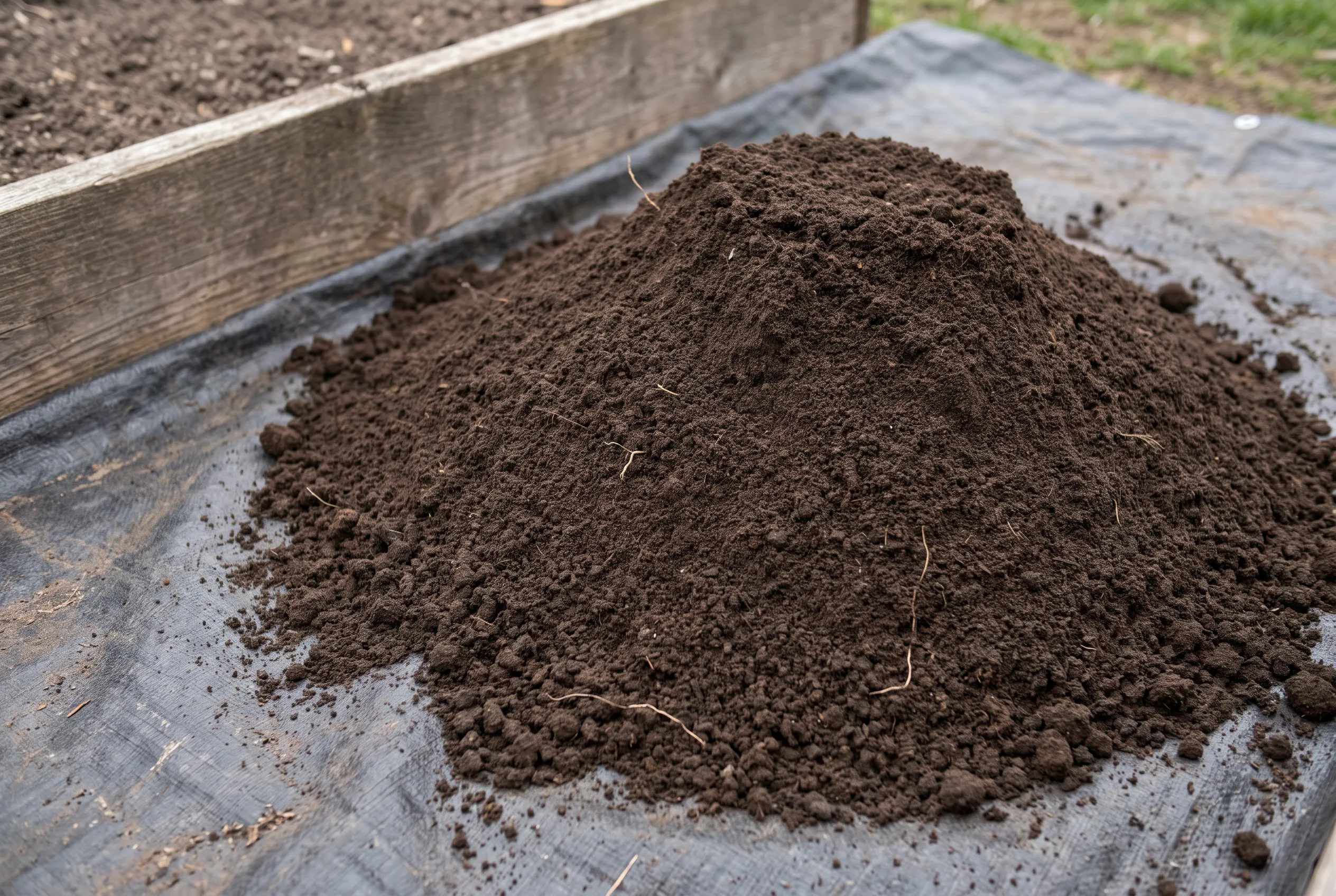Dark screened topsoil in a realistic loose pile, texture detail