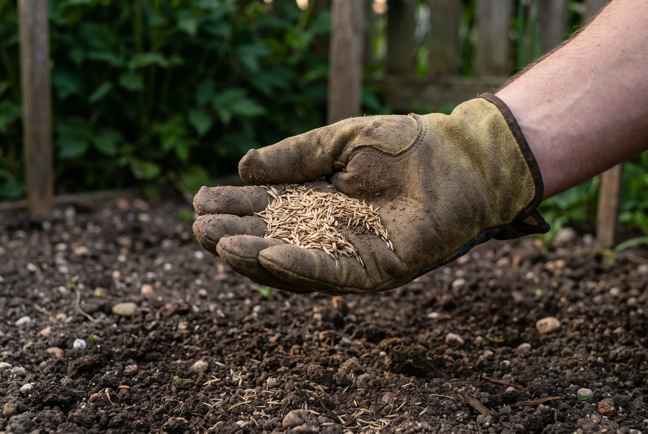 Uncoated grass seed in an open gloved hand above prepared soil