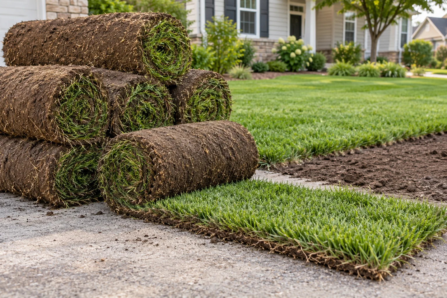 Fresh sod rolls with visible turf and soil profile