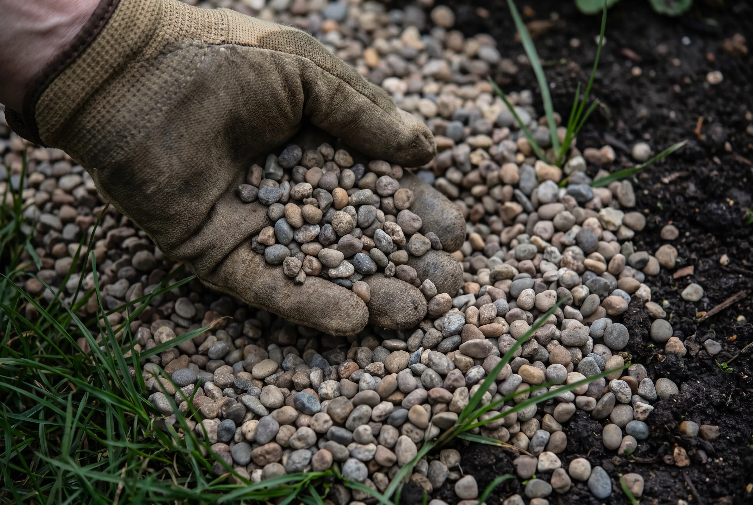 Small rounded pea gravel close-up with scale from a gloved hand
