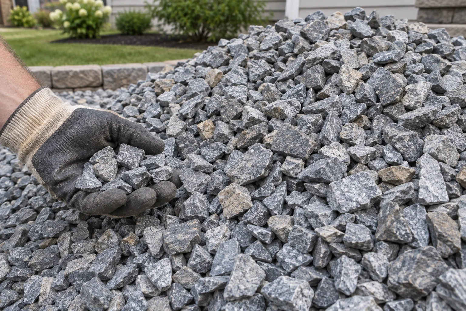 Angular crushed gravel in a loose pile, varied real aggregate sizes