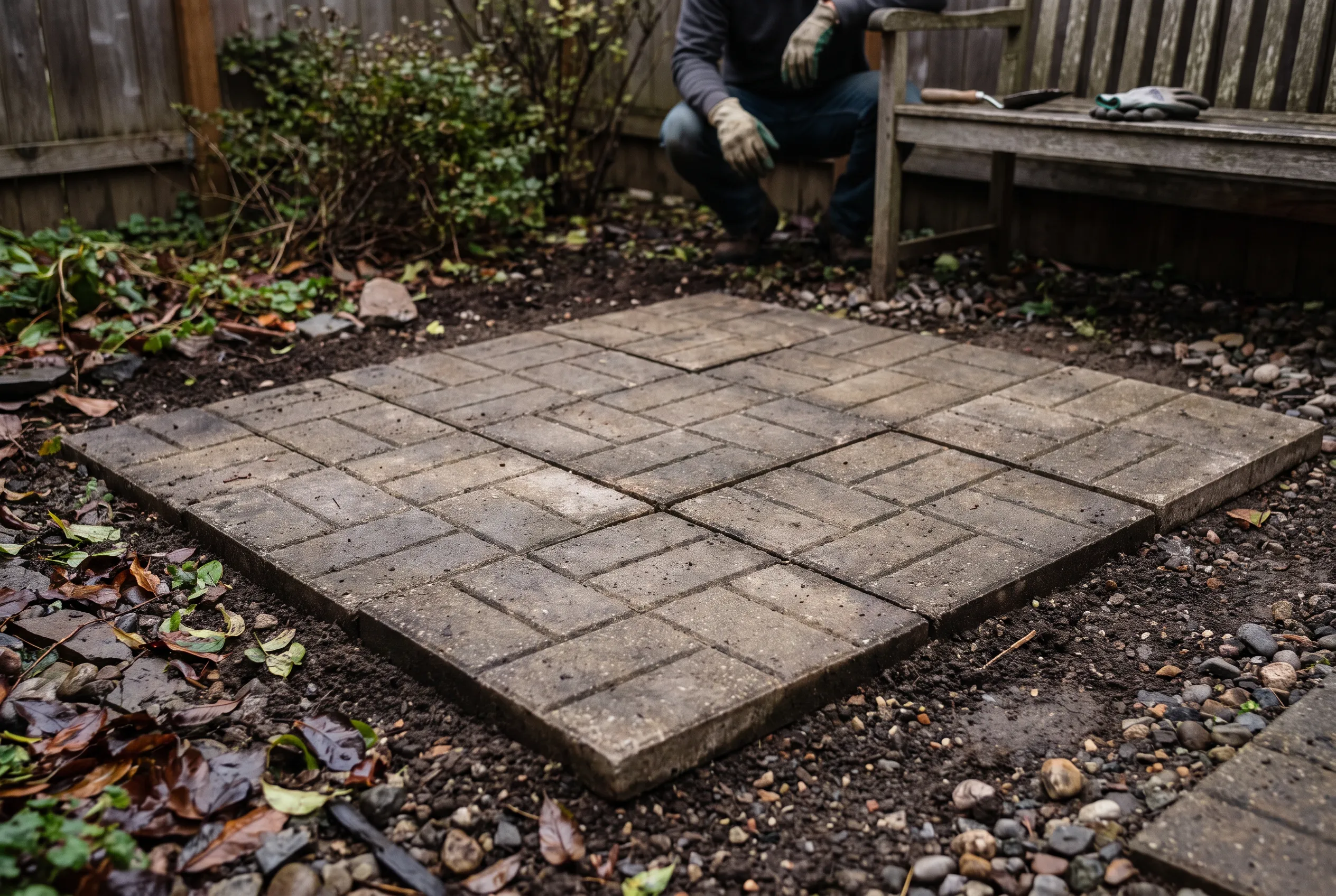 Concrete patio pavers arranged in a plausible simple pattern