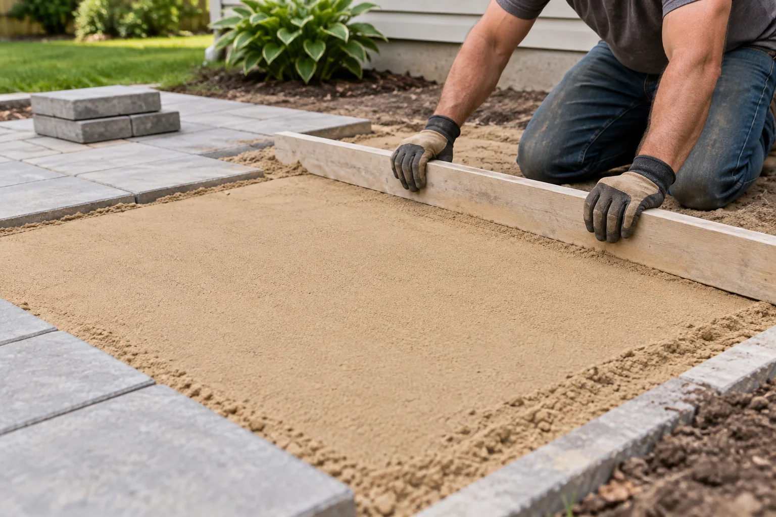 Clean bedding sand beside paver work in progress