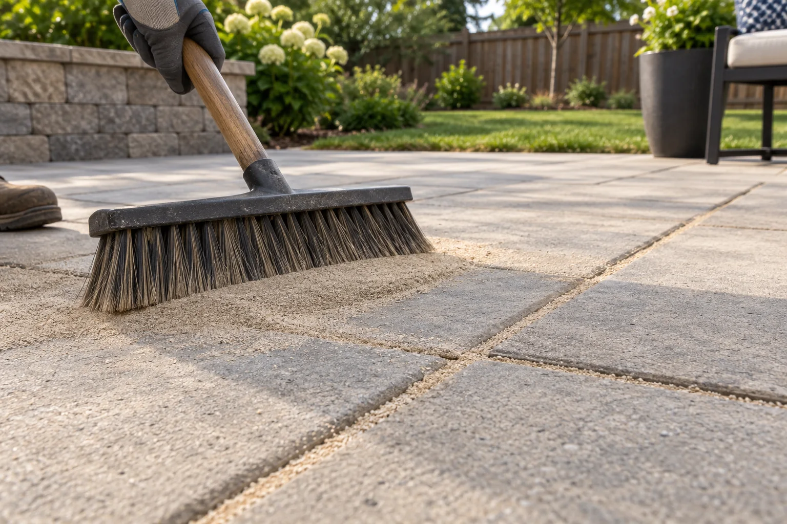 Fine joint sand worked into realistic concrete paver joints