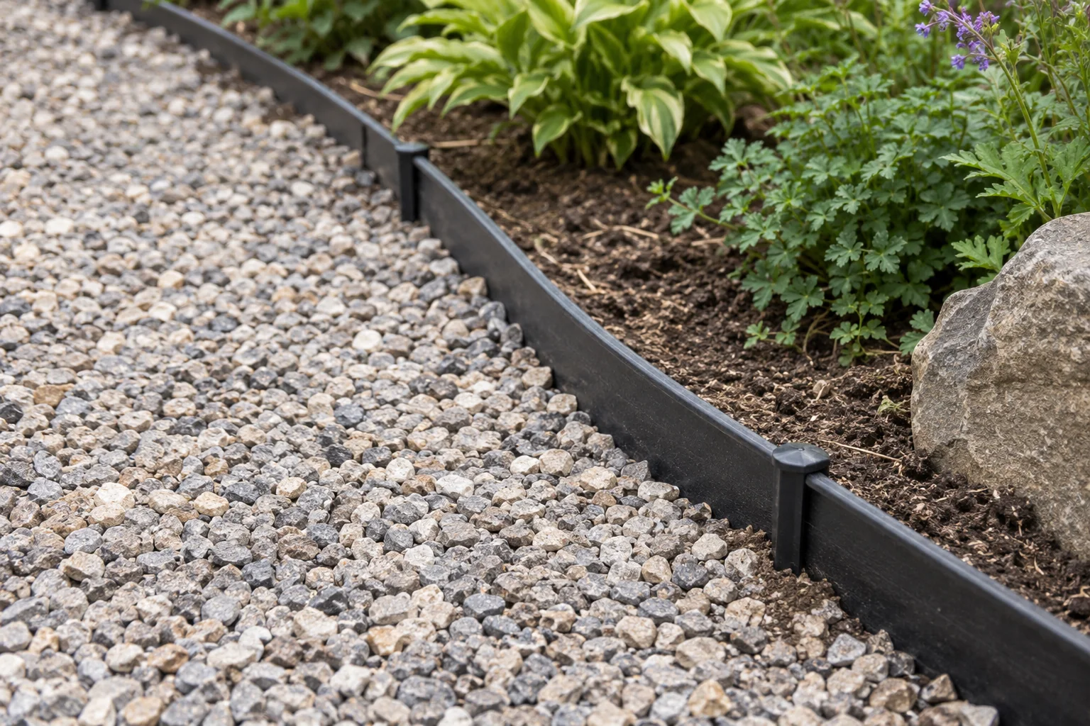 Landscape edging restraint installed along a path edge