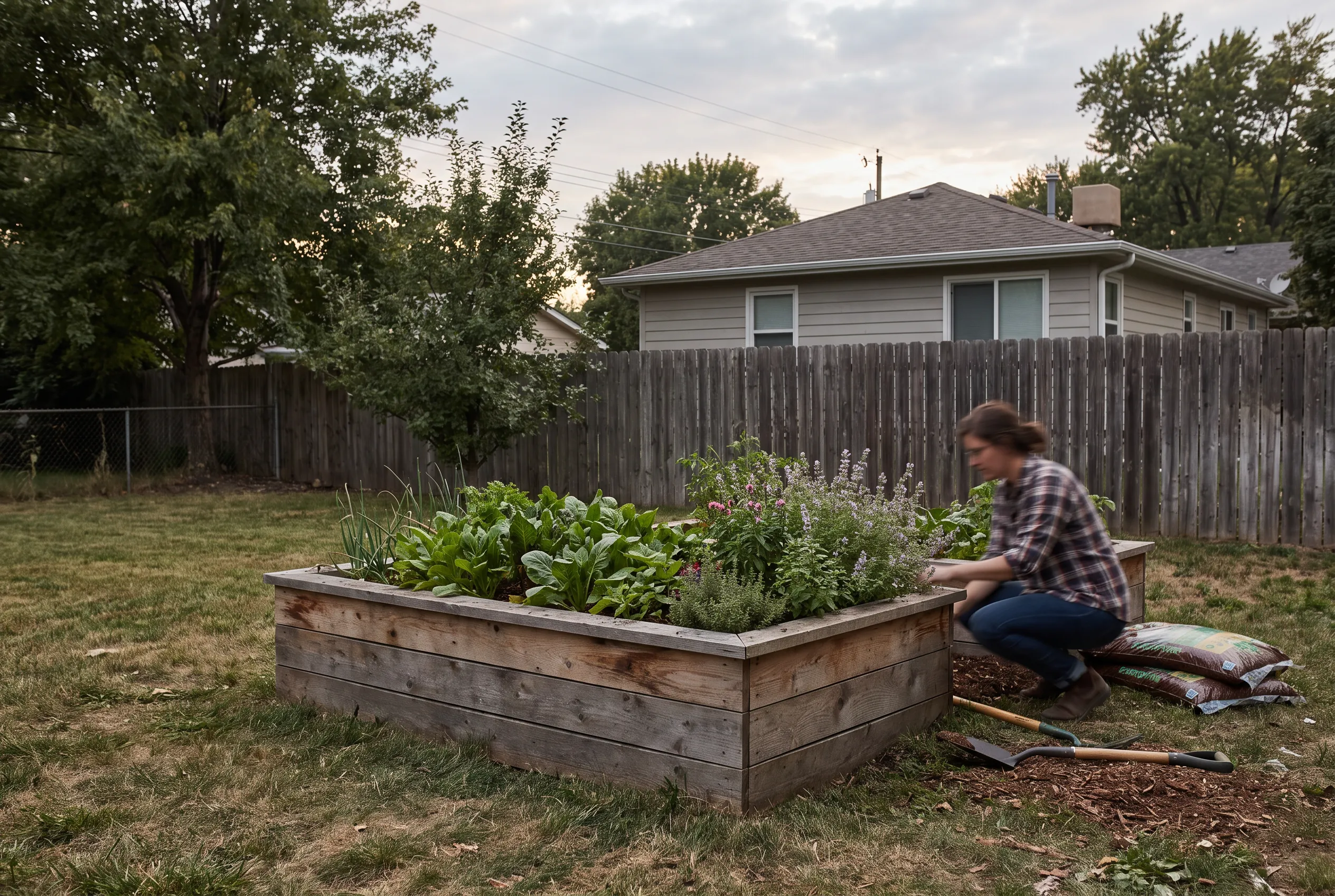 Completed raised garden bed with healthy plants and visible frame
