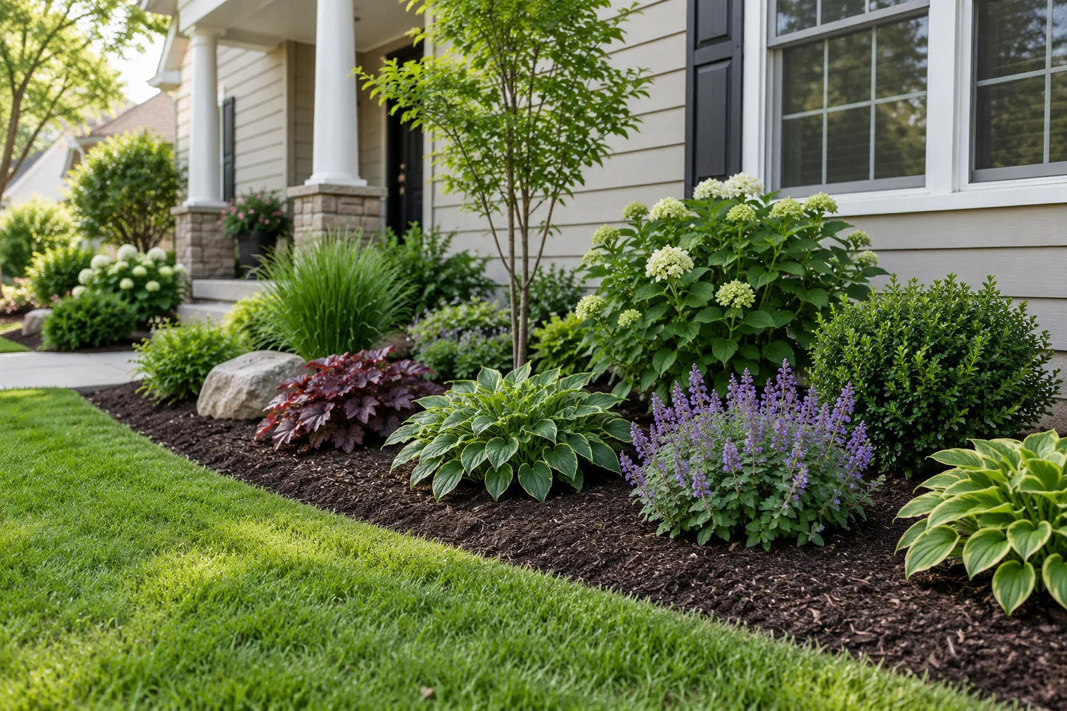 New planting bed prepared and mulched beside a modest home