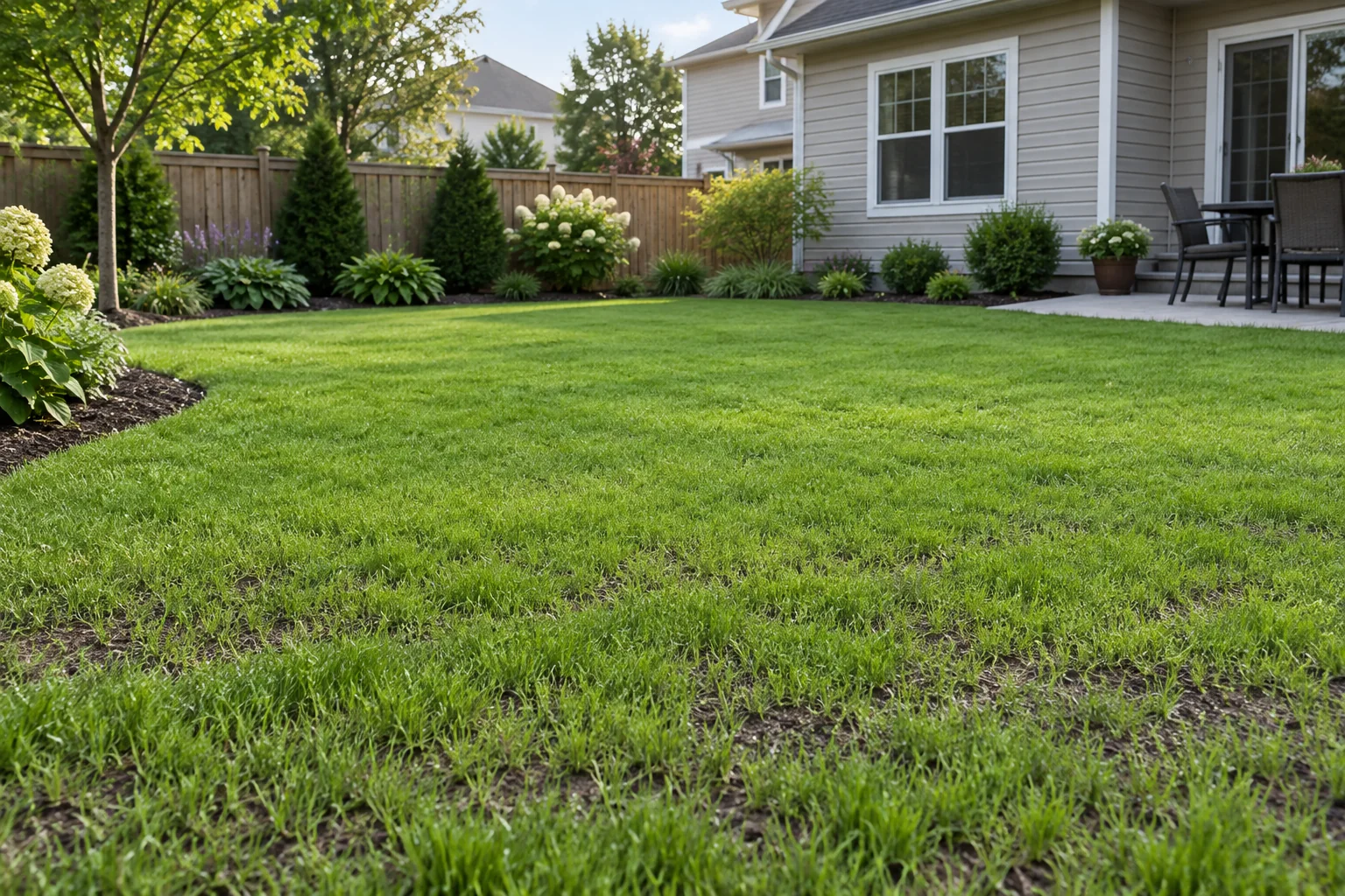 New lawn establishing from seed with prepared soil foreground