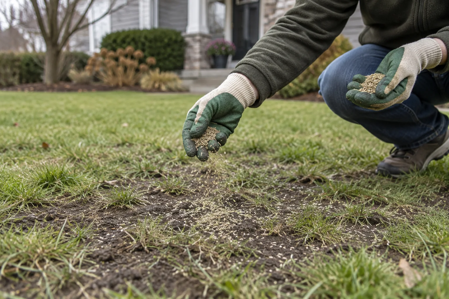 Homeowner overseeding an existing patchy lawn, hands only