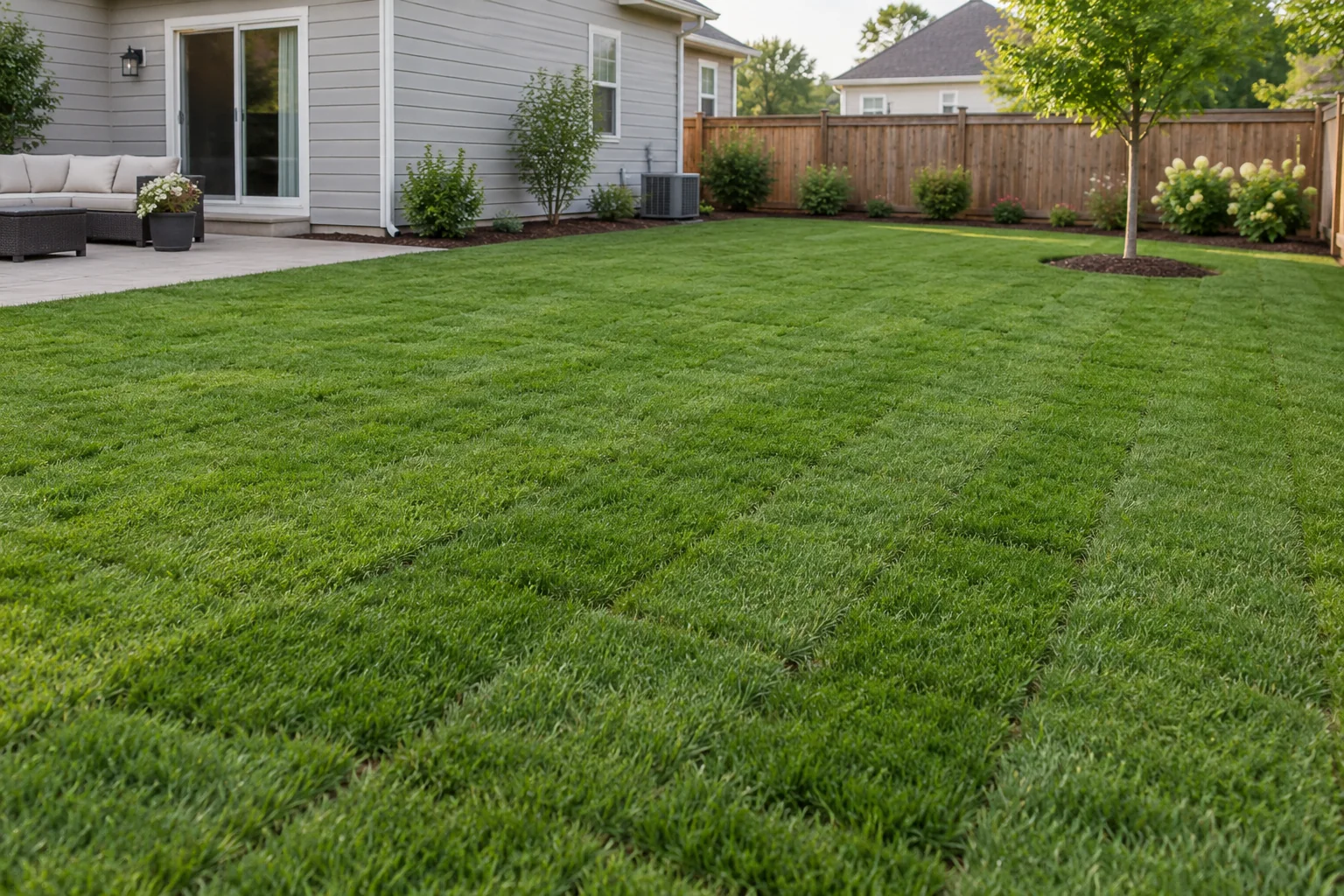 Fresh sod installed in straight rows on a suburban yard