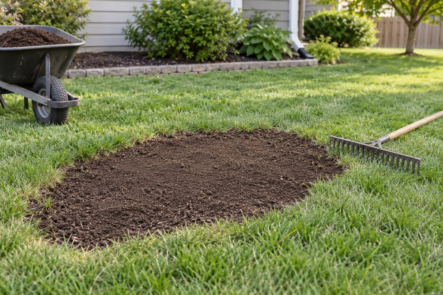 Small lawn low spot being leveled before reseeding