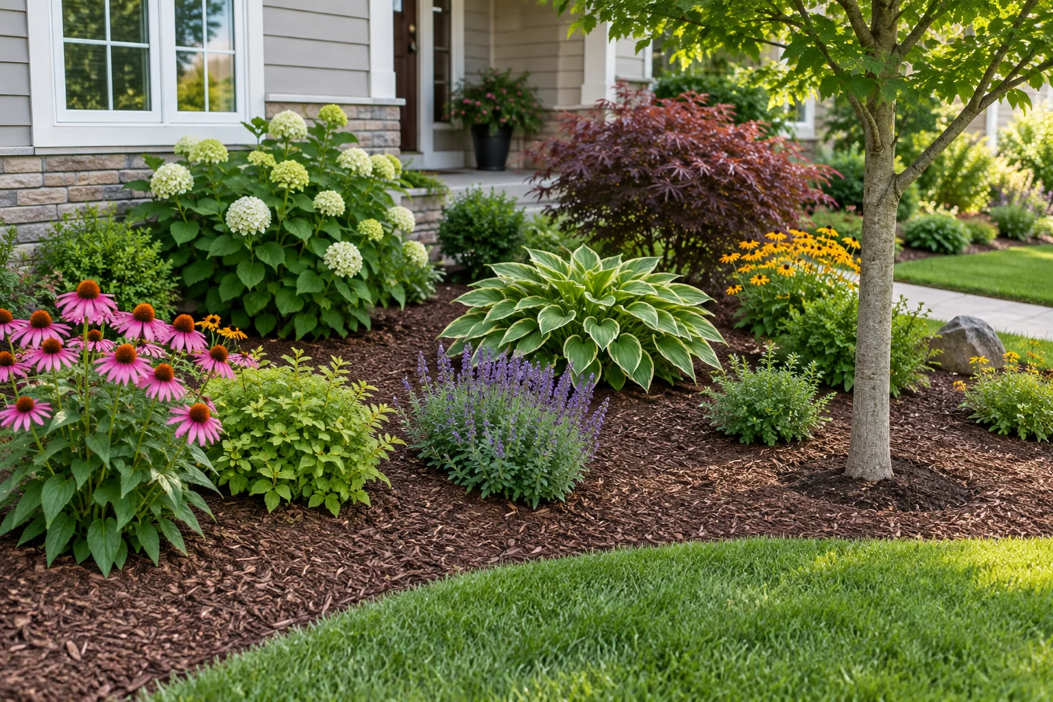 Flower beds freshly mulched with trunks and stems clear