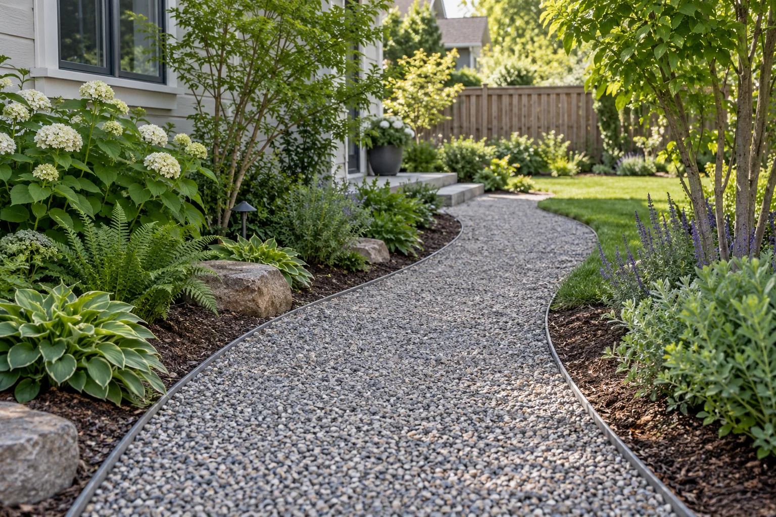 Walkable gravel garden path with clear edging and drainage