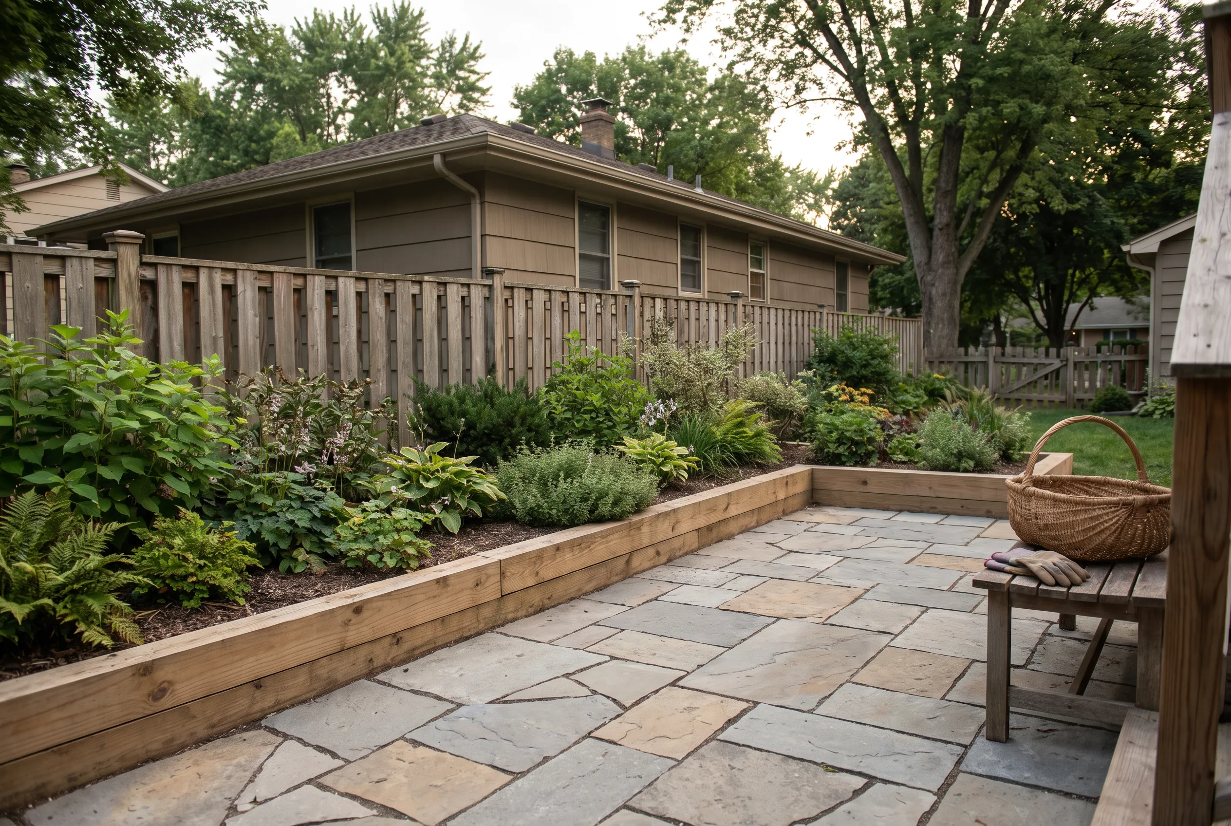 Finished paver patio with planting border, attainable home setting
