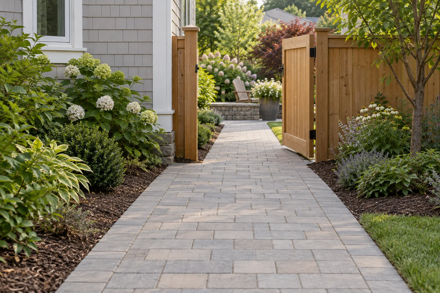 Paver walkway joining a gate and garden, believable geometry