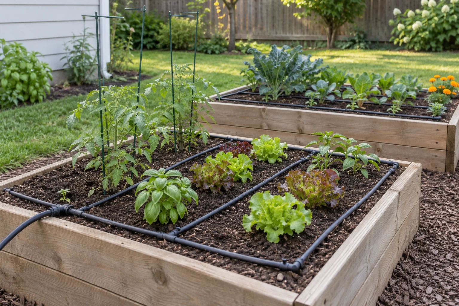 Raised beds with visible dripline layout and connections