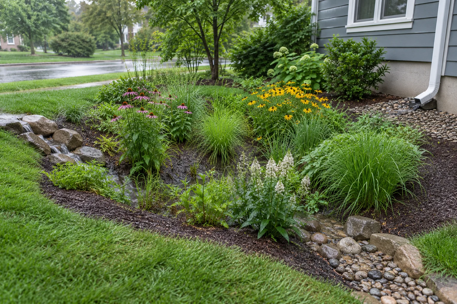 Rain garden receiving shallow runoff, overflow path visible