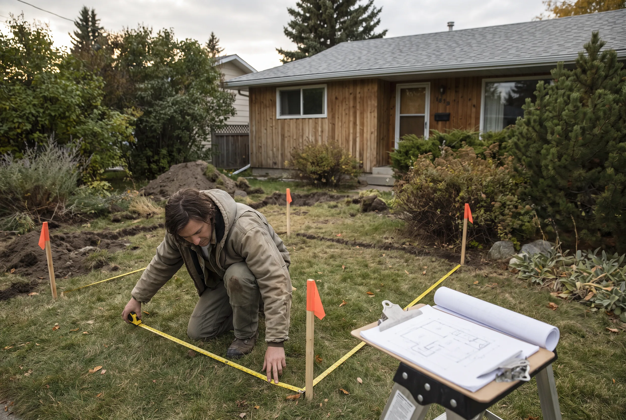 Measuring an irregular yard with tape, stakes and paper sketch