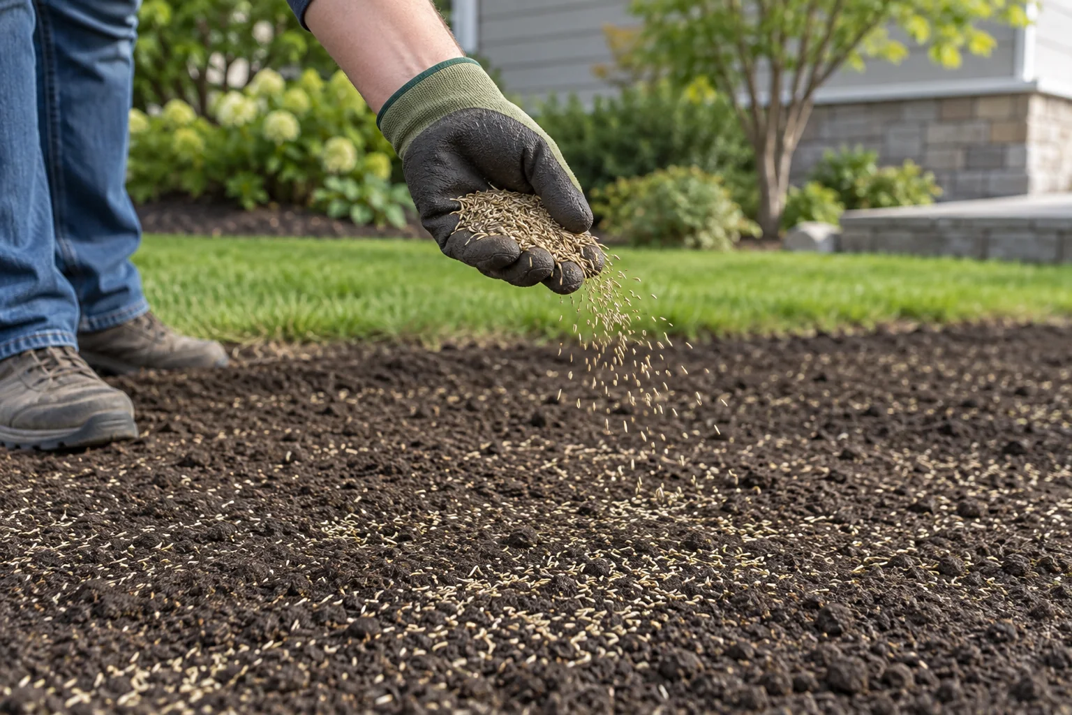Spreading grass seed evenly over prepared soil, no fake bag label
