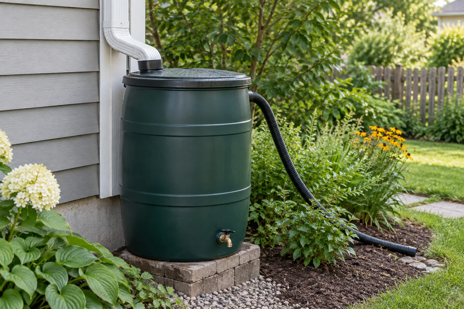 Gutter connected to a rain barrel in a garden, no text
